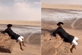 مشهد يحبس الأنفاس.. مغامر سعودي يجلس على حافة جبل شاهق في ينبع! (فيديو)