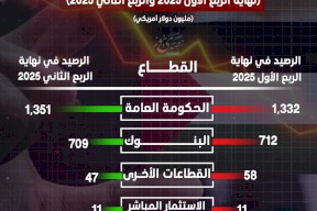 إجمالي رصيد الدين الخارجي على القطاعات الاقتصادية في فلسطين