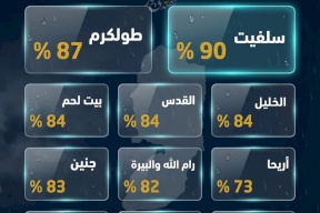 سلفيت تتصدر.. نسب الأمطار التراكمية في الضفة الغربية حتى منتصف مارس 2026
