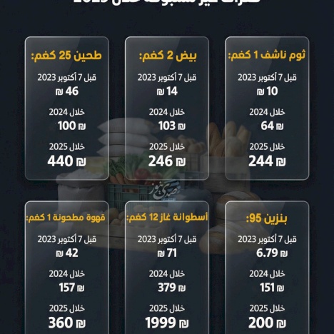 إنفوغراف: حركة متوسط أسعار السلع الأساسية في قطاع غزة.. قفزات غير مسبوقة خلال 2025