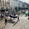 Palestinian flags flutter in Helsingborg, Sweden, in rejection of massacres and the starvation of children in Gaza