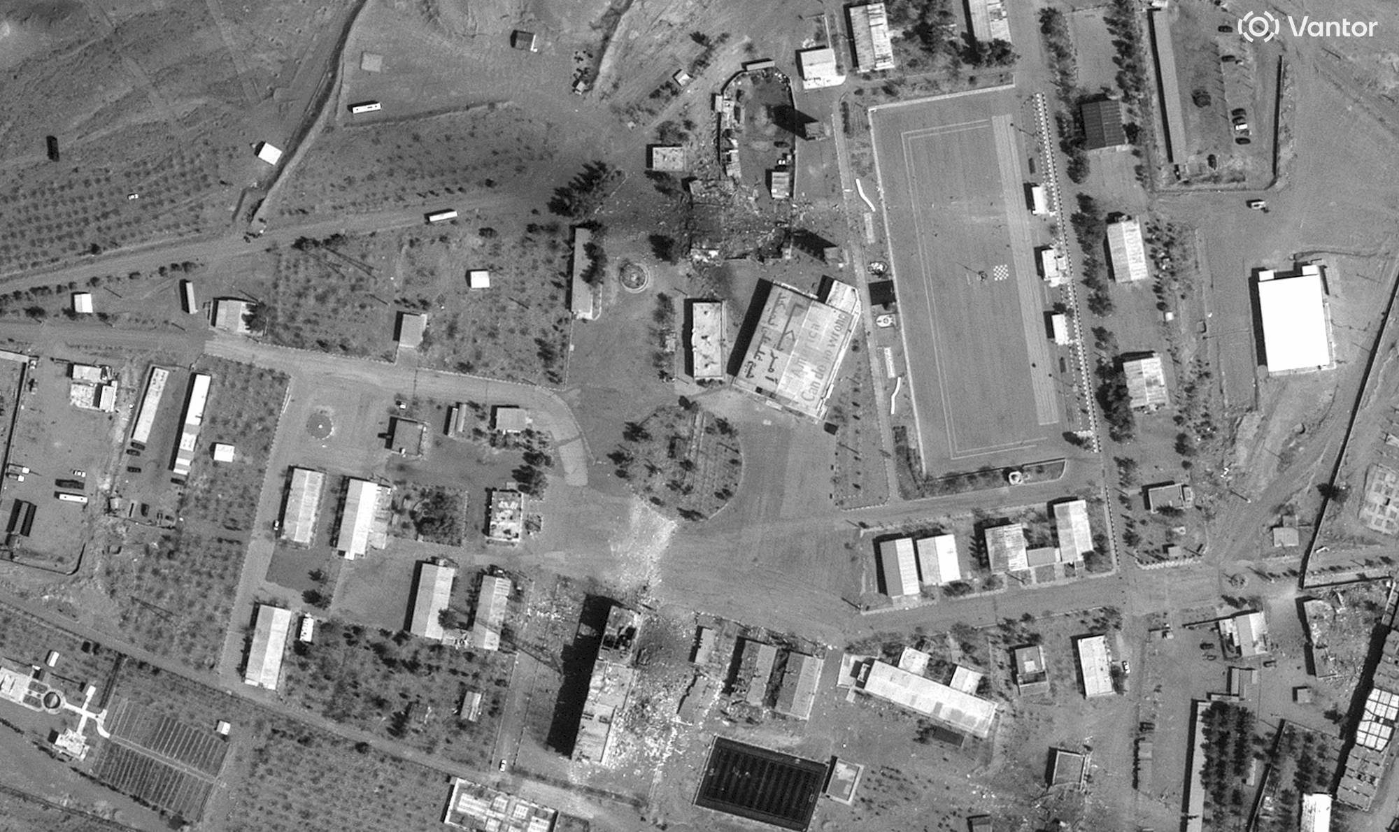 Satellite image showing damaged buildings from airstrikes targeting the Khowr Shahr military garrison in Iran