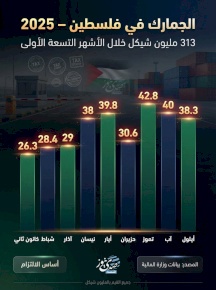 الجمارك في فلسطين: 313 مليون شيكل خلال الأشهر التسعة الأولى من 2025