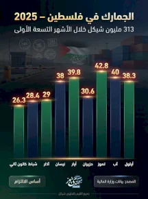 الجمارك في فلسطين: 313 مليون شيكل خلال الأشهر التسعة الأولى من 2025