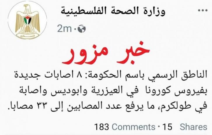 الصحة تنفي شائعات بوجود إصابات بـ"كورونا" في العيزرية وأبو ديس