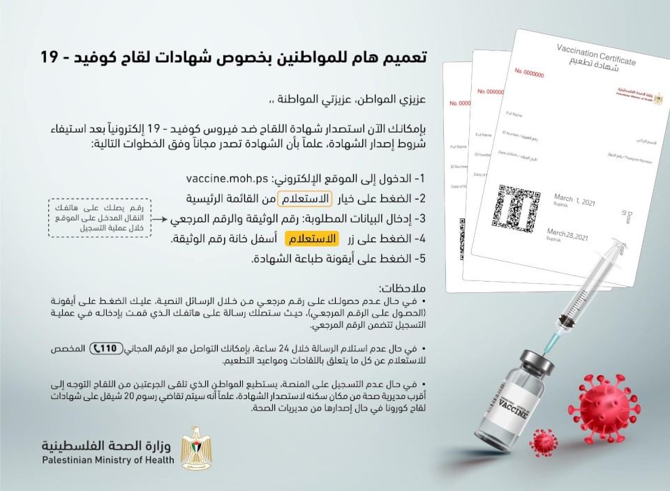 الصحة: بإمكان جميع من تلقوا اللقاحات طباعة شهاداتهم بأنفسهم
