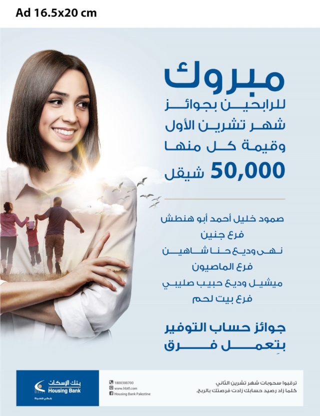 بنك الإسكان يعلن عن الفائزين بجوائز حسابات التوفير لشهر تشرين أول 2021