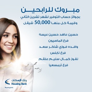 بنك الإسكان - فلسطين يعلن عن الفائزين بجوائز حسابات التوفير لشهر تشرين ثاني 2021