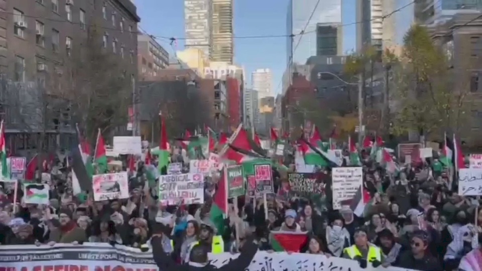 مظاهرة حاشدة في مدينة تورونتو الكندية دعما لغزة ولشعب فلسطين (فيديو)