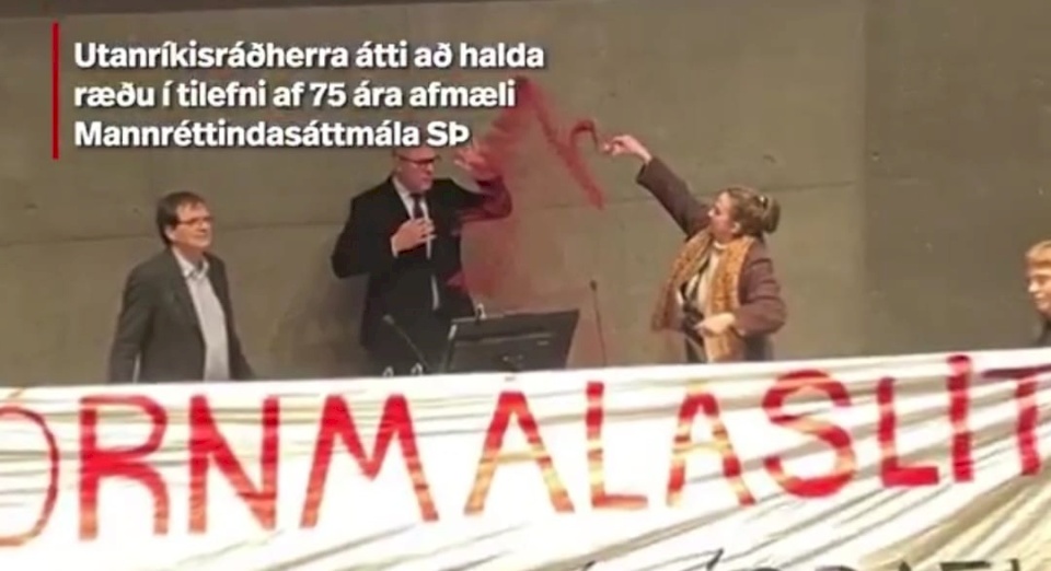 فيديو: مؤيدون للفلسطينيين يرشون مسحوقا على وزير خارجية ايسلندا 