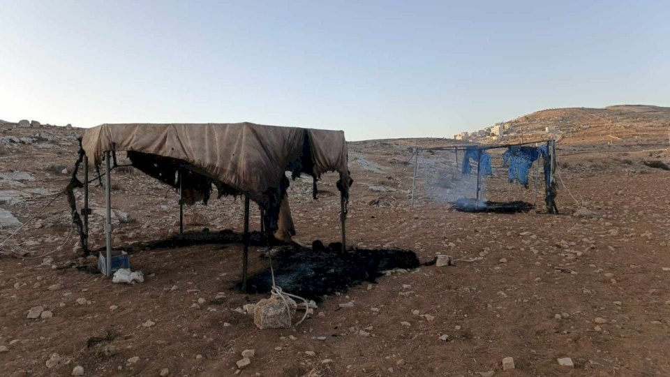 مستوطنون يحرقون 3 خيام في مسافر يطا جنوب الخليل